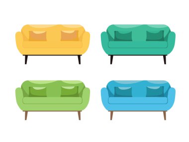 Sarı mavi renkli, parlak, güzel kanepeler yüksek bacaklı, izole beyaz arka planda.. 