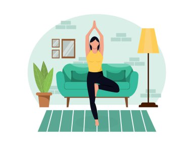 Genç, güzel, narin kız karantina sırasında evde yoga yapıyor..