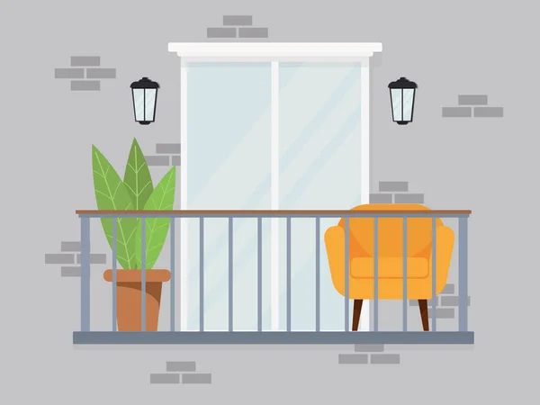 Bright comfortable cozy balcony interior in gray pastel colors on a gray background of peoples troubles — Stock Vector