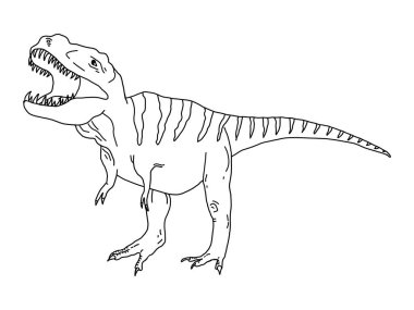 Beyaz arka planda stilize edilmiş yırtıcı dinozor tyrannosaurus renklendirme sayfası.