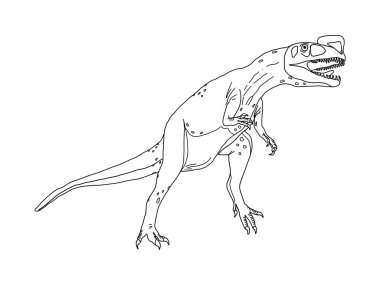 Beyaz arka planda stilize edilmiş yırtıcı dinozor dilophosaurus renklendirme sayfası.