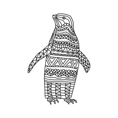 Boyama kitabı zentangle izole edilmiş beyaz arka planda şirin penguen kuşu stili.