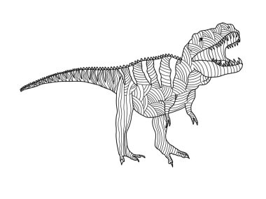 Beyaz arka planda stilize edilmiş yırtıcı dinozor tyrannosaurus renklendirme sayfası.