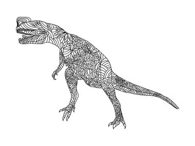 Beyaz arka planda stilize edilmiş yırtıcı dinozor dilophosaurus renklendirme sayfası.