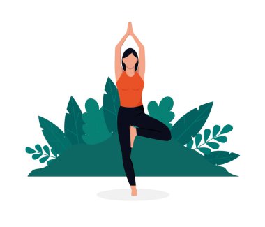 Spor illüstrasyonu düz stil, tatlı, dayanıklı kız izole edilmiş beyaz bir arka planda yoga yapıyor.