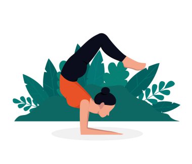 Spor illüstrasyonu düz stil, tatlı, dayanıklı kız izole edilmiş beyaz bir arka planda yoga yapıyor.