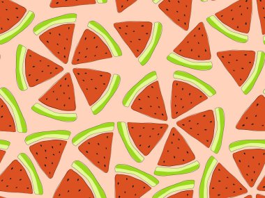 Pürüzsüz desen, parlak sulu karpuz dilimleri ve tatlı pastel arka planda çukurlar..