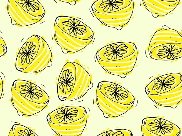 Inconsútil repetición de patrón tropical de jugosas mitades de limones sobre un fondo pastel . — Vector de stock