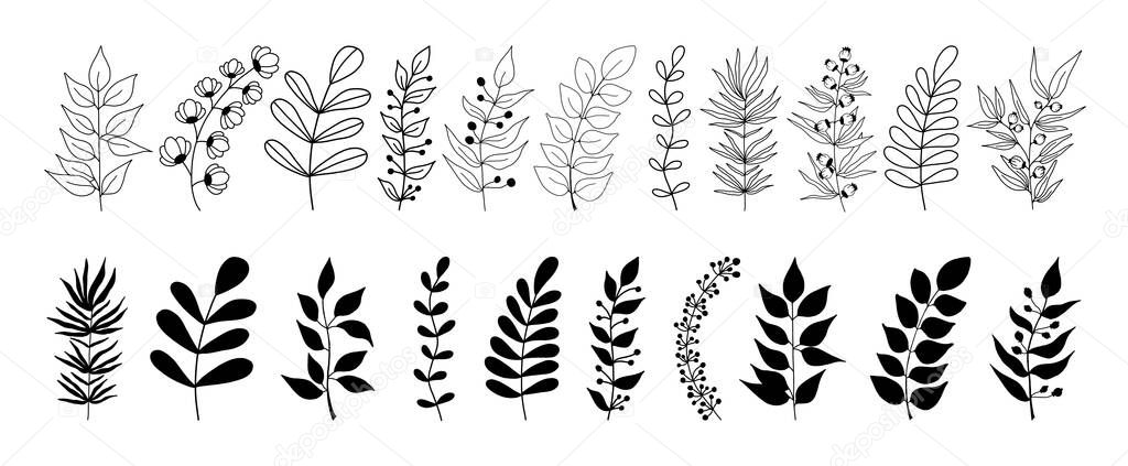 Set of black silhouettes of tropical leaves on an isolated white background. Botanical tree branches, palm leaf on the stem. Spring summer leaf. Concept design logo icons. Vector illustration.