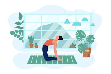 Kız oturma odasında yoga yapıyor.