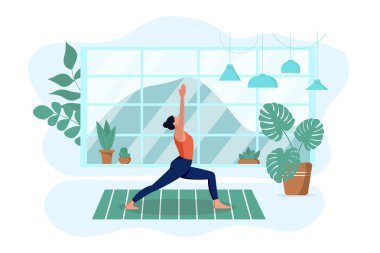  Kız oturma odasında yoga yapıyor.