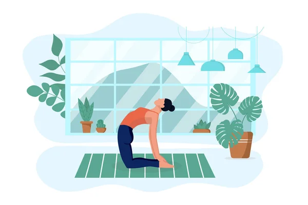 Das Mädchen praktiziert Yoga im Wohnzimmer — Stockvektor