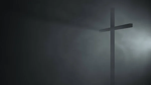 Ilustracja Renderowania Renderowania Katolickich Katolików Cross Perspektywę Wiatr Mgła — Zdjęcie stockowe