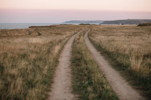 Dirt road by the sea. Evening summer seascape with dirt road overgrown with grass.