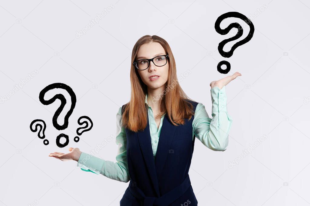 business woman, question marks, weighing the choice