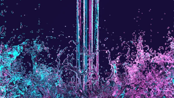 neon spray, water spray, purple and turquoise colors, water flow, water jet 3D render 3D illustration