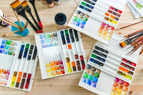 Watercolor Paints Art Brushes Pens Accessories Artist Long Flat Lie — Stock Photo, Image