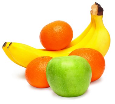 Beyaz arkaplanda muz mandalinası elması.