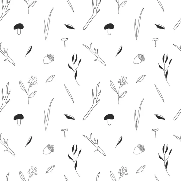 Schwarz Weiße Nahtlose Handgezeichnete Vektorwaldmuster Mit Zweigen Pilzen Und Blumen — Stockvektor