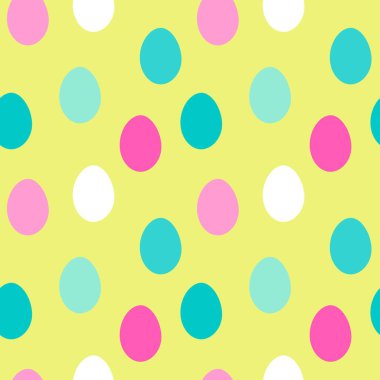 Salata yeşili arka planda pembe, cyan ve beyaz renklerde düzensiz paskalya yumurtası deseni.