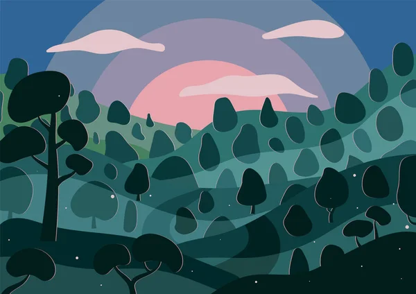 Холодный Розовый Восход Солнца Туманном Темно Изумрудно Зеленом Лесу Шипами — стоковый вектор