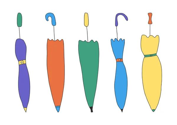 Cinq parapluies colorés dessinés à la main sur fond blanc. Illustration vectorielle enfants dessin animé — Image vectorielle