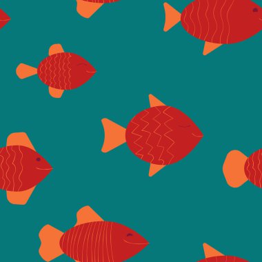 Japon balığı kusursuz vektör deseni. Okyanus mavisi arka planda renkli balıklar.