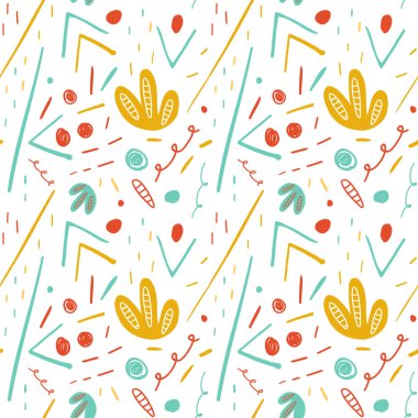 Beyaz zemin üzerinde kırmızı, sarı ve kırmızı elementler olan soyut el çizimi modern vektör deseni. Baskı, tekstil, giyim ve tasarım için. Arkaplan için basit, şirin bir çizim. EPS 10.