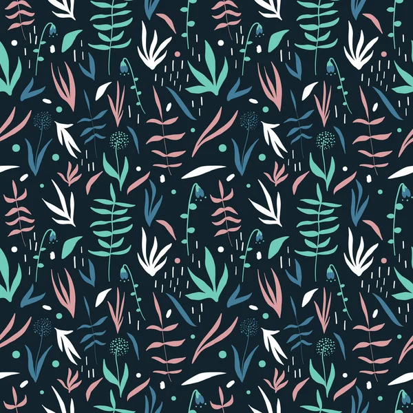 Pastel cyaan, blauwe, roze en witte planten en bloemen op zwarte achtergrond. Nacht natuur naadloze hand getekend vector praatje. Zomer bloemen donkere print voor kleding, textiel, inpakpapier. EPS10, aanpasbaar — Stockvector