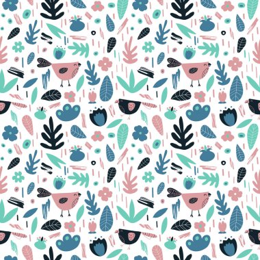 Pastel cyan, pembe, mavi kuşlar beyaz arka planda bitkiler, çiçekler. Kusursuz vektör etnik el çizimi deseni. Tekstil, giysi, ambalaj kağıdı ve kapak için yerel sanat eserleri. EPS 10, düzenlenebilir. 