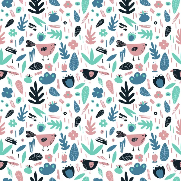 Pastel cyaan, roze, blauwe vogels op witte achtergrond met planten, bloemen. Naadloze vector etnische hand getekend patroon. Folk art leuke print voor textiel, kleding, inpakpapier, omslag. EPS 10, aanpasbaar. — Stockvector
