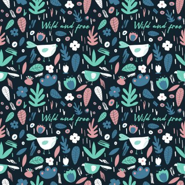 Siyah arka planda beyaz kuşlar ve metin. Vahşi ve özgür, el çizimi gece vektörsüz desenli pastel cyan, pembe bitkiler ve yapraklarla. Giysi, tekstil, doku, ambalaj için baskı. EPS 10