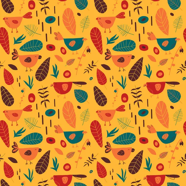 Oiseaux et fleurs motif vectoriel dessiné à la main avec des couleurs bleu, rouge, jaune, orange. Plantes, feuilles, buissons dans une joyeuse impression ensoleillée d'été pour les vêtements, le tissu, le textile, l'emballage. PSE10 — Image vectorielle