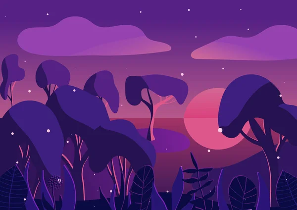 Paarse, violette zonsondergang in het bos bij de rivier. Avond magisch bos met struiken, planten, vuurvliegjes. Roze, magenta kleuren. Vector 2d illustratie voor spel, toepassing, behang, achtergrond. EPS10 — Stockvector