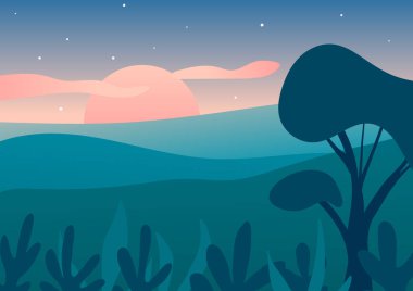 Misty Hills güneş doğarken pastel pembe, okyanus mavisi, cyan. Bulutlu soğuk palet sabahı bir ağaç ve çalılarla. Oyun tasarımı, uygulama ve arkaplan için vektör 2d manzara çizimi. Düzenlenebilir, EPS 10.