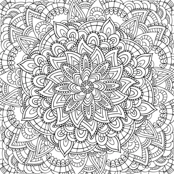 Quadratische schwarze und weiße handgezeichnete Vektor-Mandala-Malseite für Kinder, Erwachsene. Zentangle line art für Meditation. Monochromer Yoga-Print mit vielen Details. EPS10, editierbar. — Stockvektor