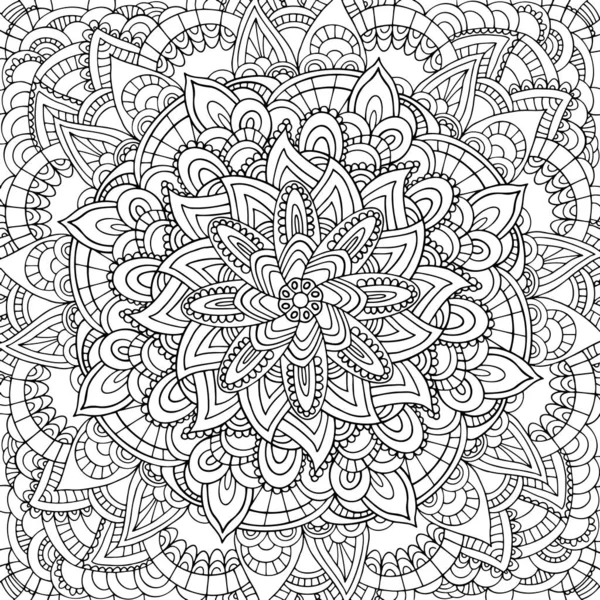 Kwadrat czarno-białe strony rysowane zarys wektor mandali kolorowanki dla dzieci, dorosłych. Sztuka linii Zentangle do medytacji. Monochromatyczny odcisk jogi z mnóstwem szczegółów. EPS10, edytowalny. — Wektor stockowy