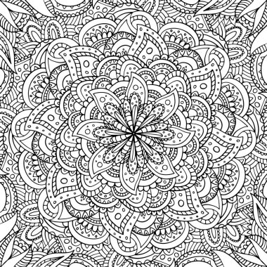 Siyah ve beyaz el çizimi ana hatları vektör mandala boyama sayfası çocuklar ve yetişkinler için. Meditasyon için Zentangle hattı sanatı. Bir sürü detay içeren tek renkli yoga baskısı. EPS10, düzenlenebilir. 