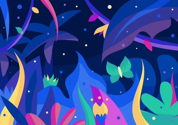 Prachtige nacht jungle ansichtkaart met palmen, bloemen, vuurvliegjes en vlinder. 2d vector illustratie voor print, behang, applicatie, web design. Blauw, paars, groen, cyaan, violet. EPS10, aanpasbaar. — Stockvector