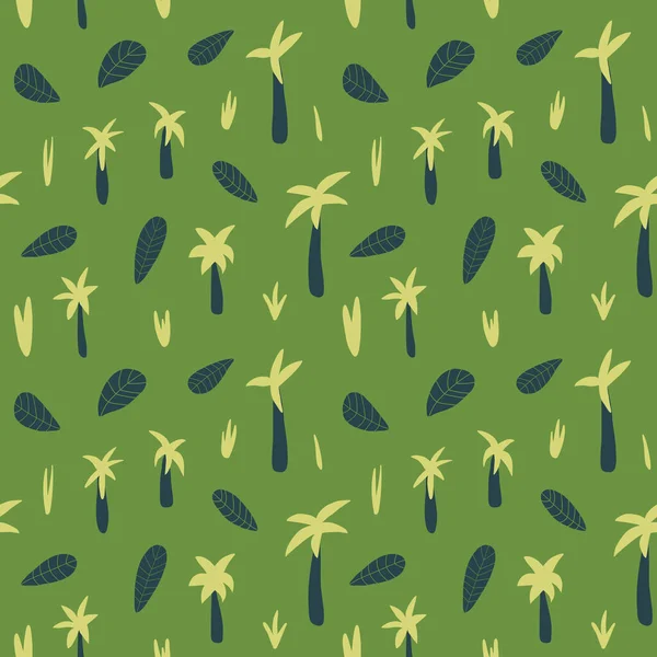 Пальмовий безшовний візерунок. Зелений, салат і жовті джунглі з деревами, листям, кущами. Дитячий літній ботанічний принт для одягу, текстилю, тканини. EPS10, можна редагувати . — стоковий вектор