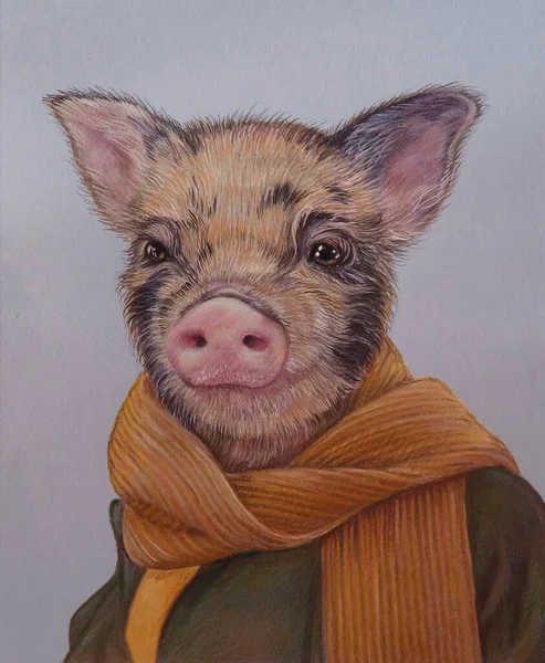 A spotted pig in a yellow scarf. A boar in modern, fashionable human clothing.