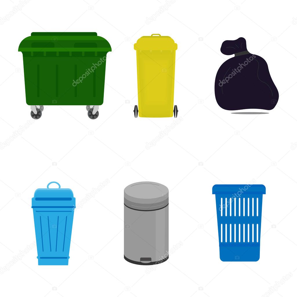 Garbage cans and bags in flat style