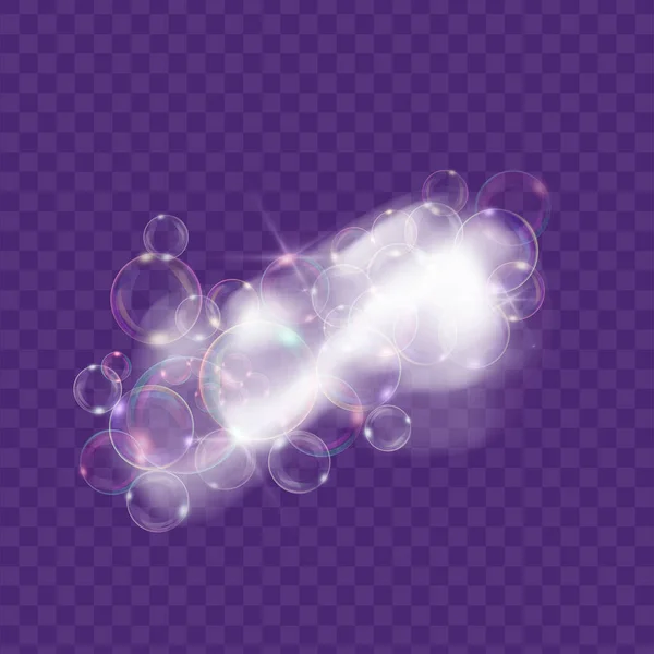 Espuma de jabón con burbujas aisladas sobre fondo púrpura — Vector de stock
