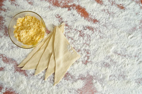 Pieces Ready Made Tasty Dough Together Grated Cheese Plate Lying — Stock Photo, Image