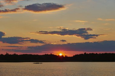 Önünde mavi gökyüzü ağaçları ve su olan güzel bir gün batımı