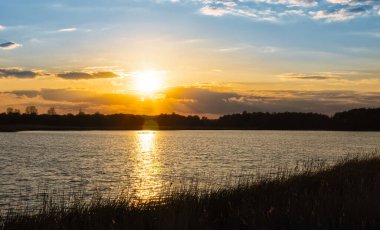 Güzel günbatımının panoramik fotoğrafı. Önünde mavi gökyüzü ağaçları ve su var.