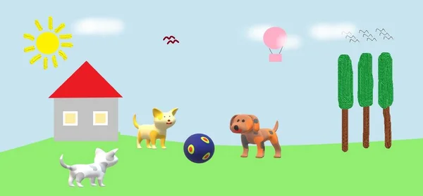 Hund Katt Trädgård Boll Ballong Spelar Soligt — Stockfoto