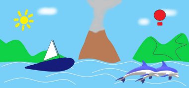 Sudan atlayan yunus, tropik bir adanın vektör çizimi