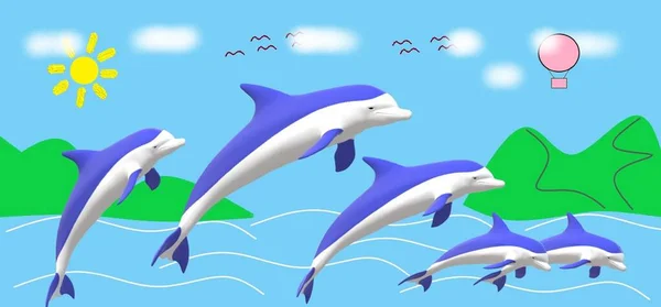 Dolphin Jumping Out Water Vector Illustration Tropical Island — Stock Photo, Image