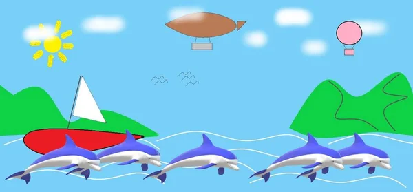 Delfin Wyskakujący Wody Wektorowa Ilustracja Tropikalnej Wyspy — Zdjęcie stockowe